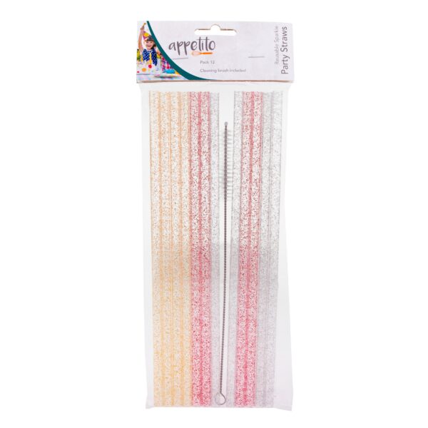 Reusable Party Straws Pack 12 with Brush - Sparkle 25cm