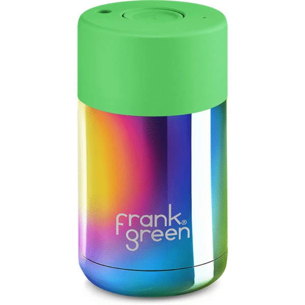 Chrome 10oz Limited Edition Rainbow Ceramic Cup with Neon Green Push Button Lid
